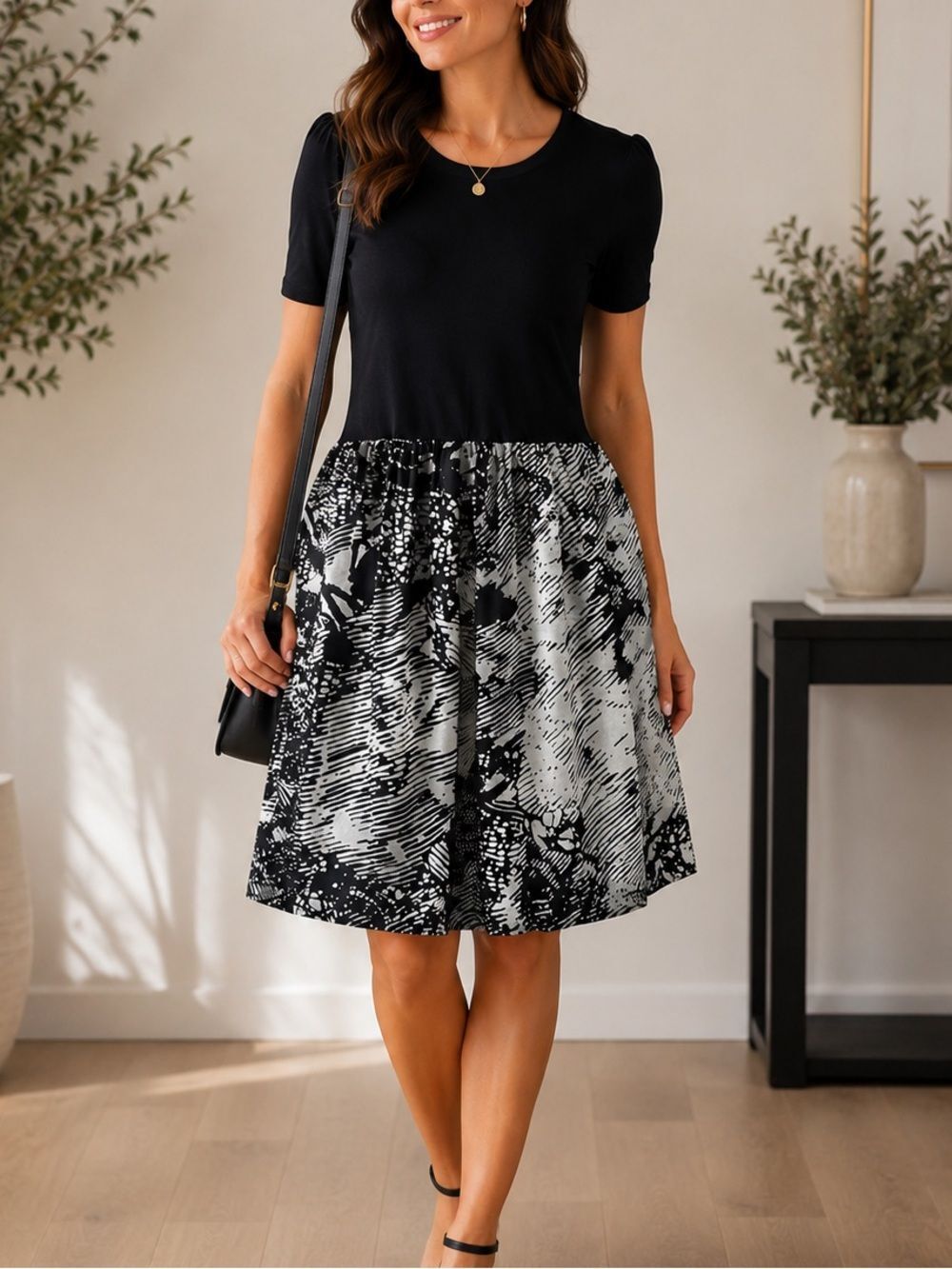 Theory Silk Black‎ And White Short Sleeve A-line Dress Size M